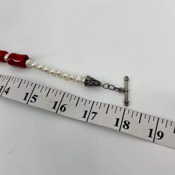 Red Coral Genuine Pearl Necklace Silver Clasp 18 inch Chunky Statement Tropical - Picture 10 of 11
